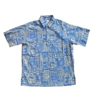 Vintage RJC Hawaii‎ Mens Blue Tapa Print Popover Aloha Shirt Style 8316 Large